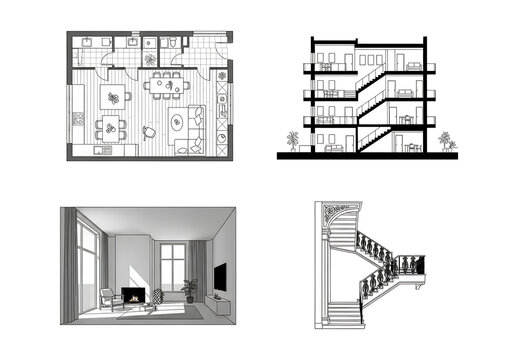Architectural Design Floor Plan Section Interior View and Staircase Detail.