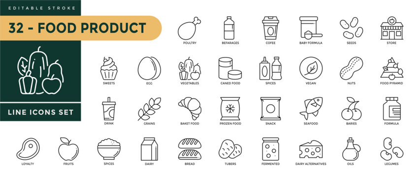 A collection of Food Product icons set with editable stroke . Thin linear vector illustration
