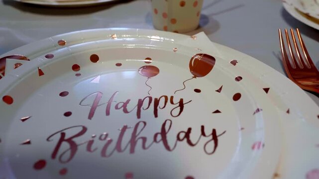A white paper plate with "Happy Birthday" in gold cursive sits on a white tablecloth, surrounded by matching gold polka dot plates and a gold fork.