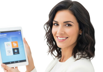 Smiling woman holding digital tablet isolated on transparent background