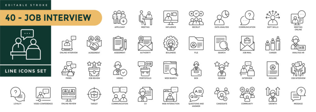 A collection of Job Interview icons set with editable stroke, including candidate, hiring, recruitment, Feedback, resource, hr, cv,  resume, collection, recruit, hire. Thin linear vector illustration