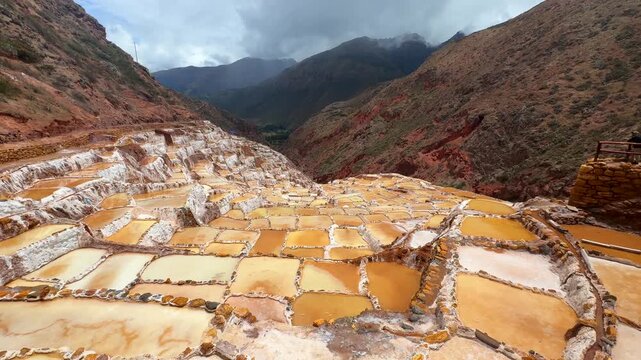Maras Salt Mine terraces Peru Per&uacute; Sacred Valley Salineras de Maras rainy season sunny cloudy Peruvian Andes Mount Patacancha Moray Chic&oacute;n Ancopacha Ollantaytambo Cusco region pan left left