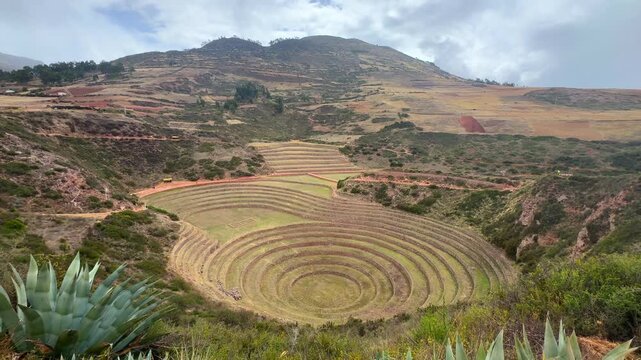 Sacred Valley Moray Zona arquelogica Moray Peru Per&uacute; circular terraces Salineras de Maras rainy season sunny cloudy Peruvian Andes Mount Patacancha Chic&oacute;n Ancopacha Ollantaytambo Cusco region forward