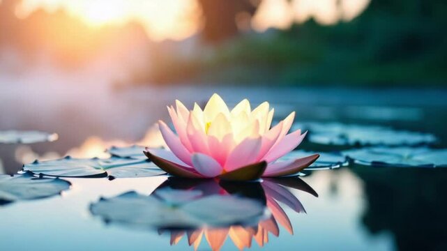 Beautiful pink lotus flower blooming on calm water at sunrise