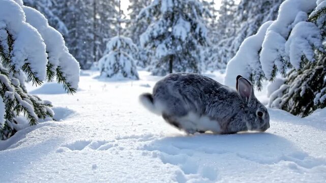 Gray Rabbit Hopping Through Deep Snow in a Winter Forest