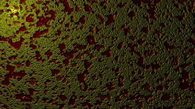 An abstract, textured background featuring a greenish-yellow surface with red splotches and a subtle sun-like pattern in the upper left corner.