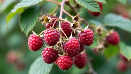 Close-up of ripe red raspberries on lush green bush.