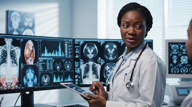 Focused female doctor reviews patient lung scans on a tablet in a modern medical facility demonstrating advanced diagnostics and healthcare technology for precision medicine