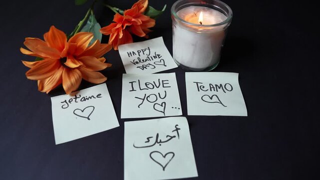 Valentine&rsquo;s Day still life with lit glass jar candle, orange flowers, and handwritten sticky notes saying I love you in multiple languages on a dark tabletop, warm low-key lighting.