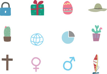 A collection of diverse icons representing various concepts, symbols, and objects, including gifts, security, and gender, displayed in a grid layout.