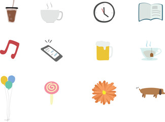 Assorted icons representing daily life and leisure activities displayed together on a clean white background from a straightforward viewpoint