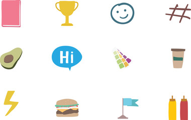 Collection of various colorful emojis arranged on a clean background, including objects, food, and symbols, viewed from directly above
