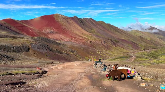 Rainbow Mountain trail colorful llamas Vinicunca Peru Per&uacute; morning blue sky Monta&ntilde;a de Siete Colores Palccoyo Peruvian Andes Red Valley striped hills seven colored Cusco Region landscape