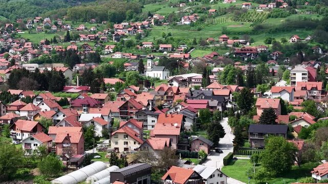 Sevojno, Serbia. Drone Shot of Small Town Buildings, Municipality of Uzice Town