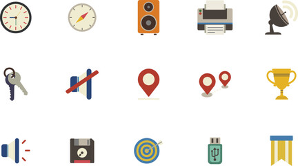 Collection of flat design icons representing various objects and concepts, including time, travel, achievement, and technology, arranged in a grid layout on a clean background.