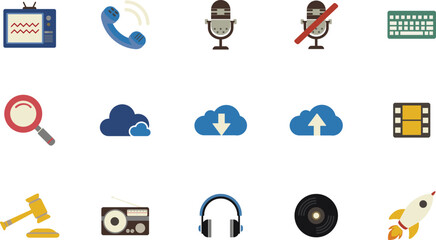 Collection of modern media icons representing various forms of communication and technology