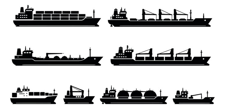 Flat design cargo ship icon set featuring container vessels, tankers, and bulk carriers for global logistics and trade