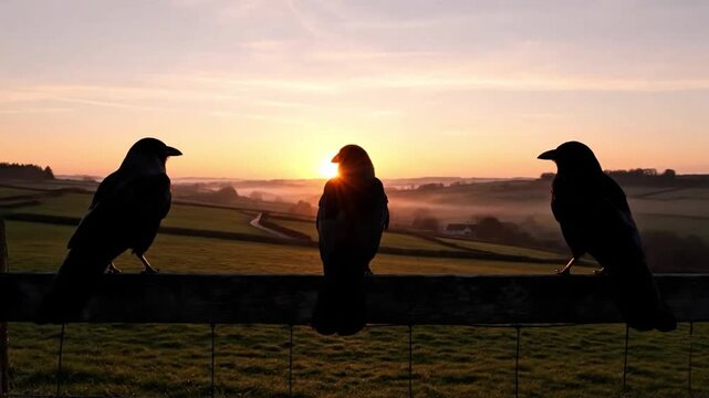 Three silhouetted crows perched on a fence against a serene sunrise backdrop over a misty landscape