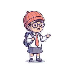 Obraz premium A young girl wearing glasses and a backpack points while dressed in school uniform.