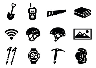 Fototapeta premium Solid black adventure icons set featuring outdoor gear, communication devices, and safety equipment for exploration