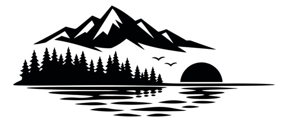 Fototapeta premium Silhouette illustration of a mountain lake scene depicting a tranquil sunset for outdoor and travel designs