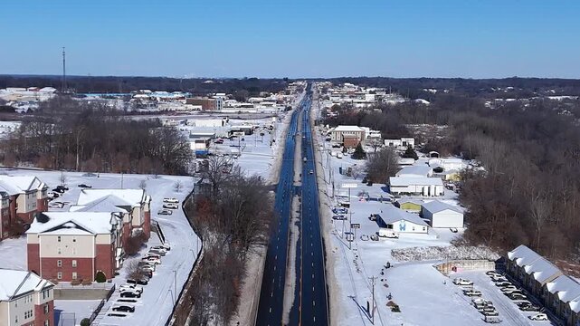 Aerial view of a clear, plowed Wilma Rudolph Blvd in Clarksville, TN
