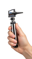 Naklejka premium Hand holding black and silver medical otoscope with earpiece attachment