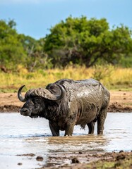 Obraz premium Mud-covered buffalo wading in a shallow waterhole, with vibrant green trees in the background under a bright, clear sky