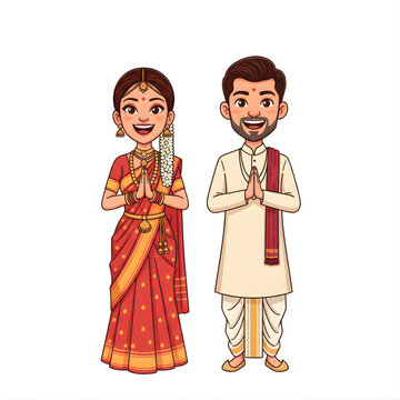 Vector caricature illustration of South Indian bride in silk saree and groom in veshti, calm joyful expressions