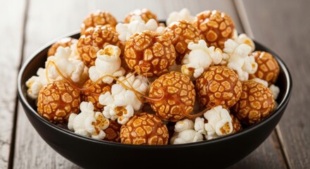 A close-up view of caramel popcorn in a black bowl on a wooden table, perfect for snacking