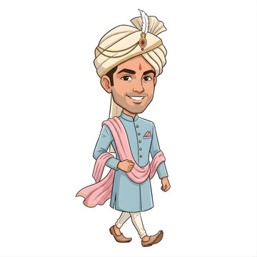 Indian groom walking confidently with safa turban and stole, caricature proportions