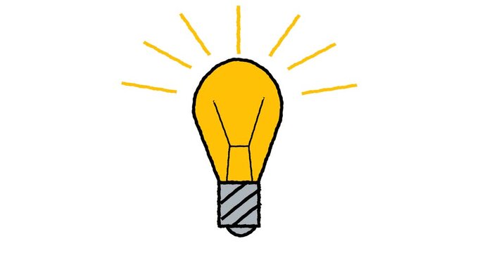 Hand drawn animated light bulb shining with yellow rays. Idea, creativity, innovation, solution and education concept doodle sketch. 4K loop, white background.