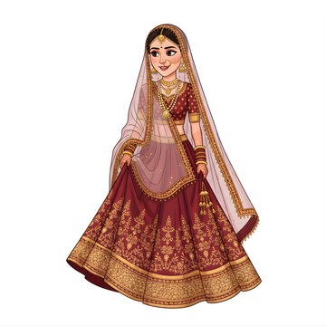 Indian bride walking gracefully holding lehenga, shy smile, flowing dupatta, detailed embroidery, caricature vector