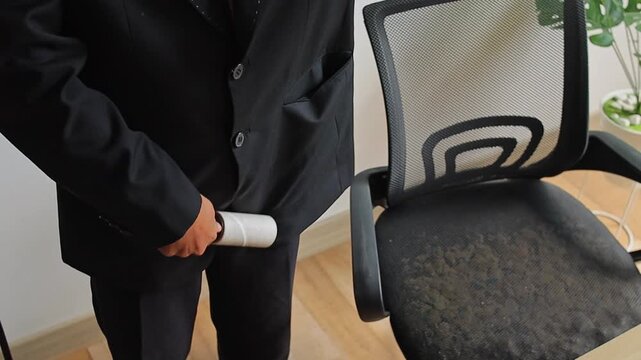 Close-up of businessman using lint roller to clean black suit jacket and sleeves before meeting