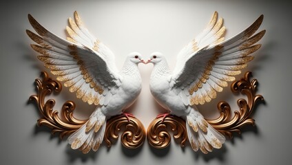 Ornate sculpture of two doves with golden wings and intricate details