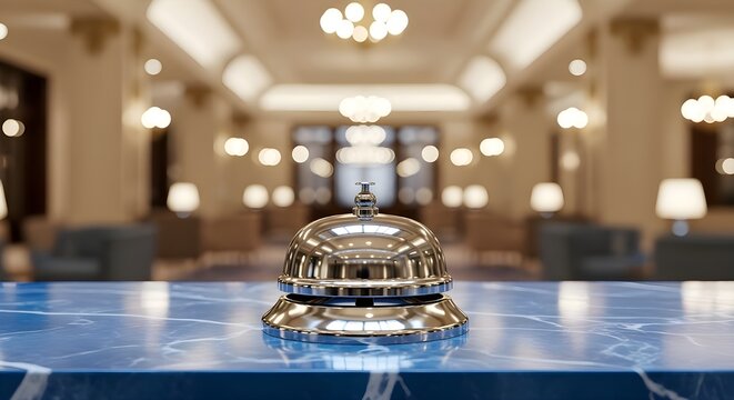 Hotel Reception Service: Silver concierge bell on blue marble counter in luxury lobby, hospitality management, customer welcome and check-in concept