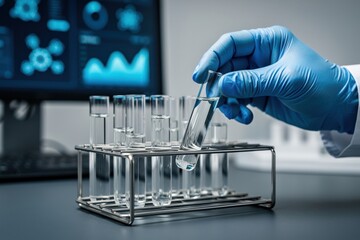 Scientist conducting precise laboratory experiments with test tubes and data analysis