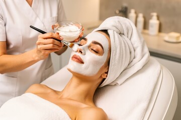 Woman receiving a facial treatment at a spa with a white face mask