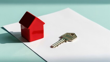 Miniature house model and key on white paper background