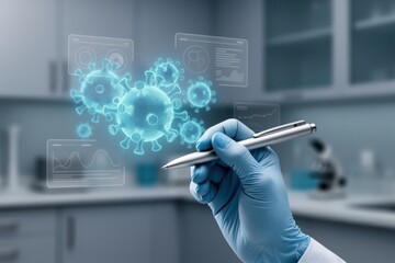 Scientist holding digital pen with holographic virus representation