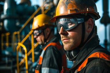Fototapeta premium Oil and gas workers wearing flame-resistant PPE, hard hats and face shields on offshore platform