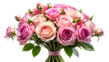 Fototapeta premium A vibrant bouquet of pink and peach roses, tied with a ribbon, against black