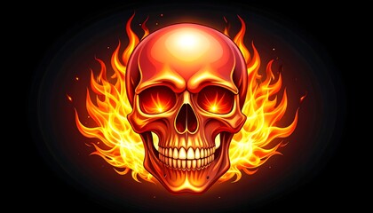 Fiery red skull engulfed in flames against a black backdrop