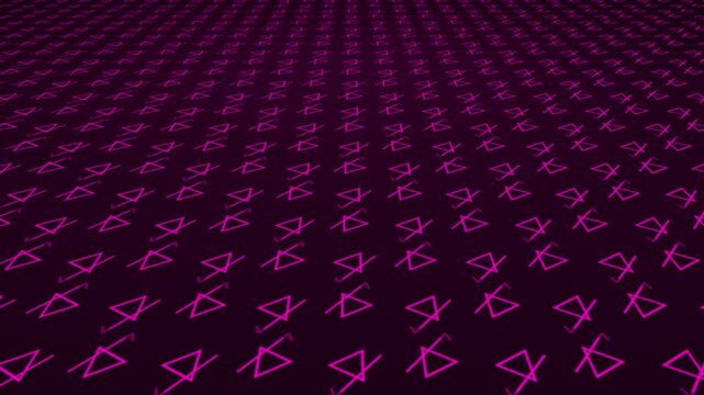 Stroked pentagonal triangles with moving lines and geometric pattern shapes positioned on 3D angled plane amid dark gradient background drifting through space visual effect graphics pink magenta