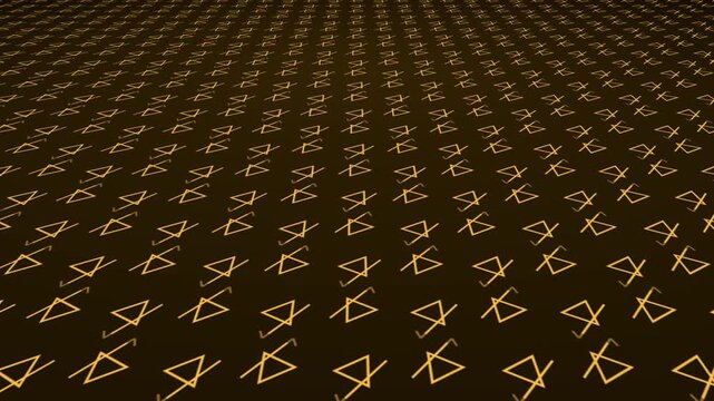 Stroked pentagonal triangles with moving lines and geometric pattern shapes positioned on 3D angled plane amid dark gradient background drifting through space dynamic visual effect graphics orange