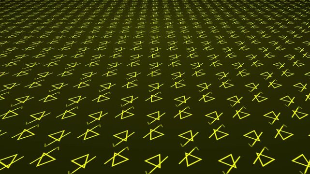 Stroked pentagonal triangles with moving lines and geometric pattern shapes positioned on 3D angled plane amid dark gradient background drifting through space visual effect graphics gold yellow