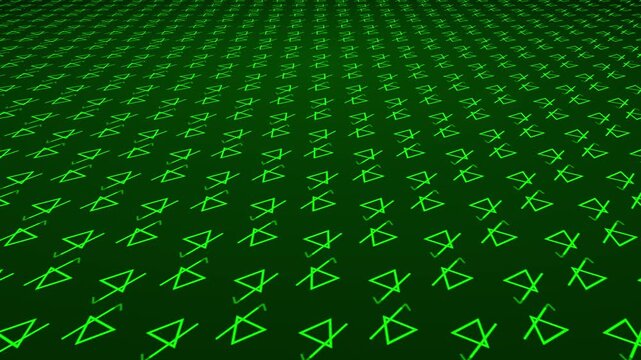 Stroked pentagonal triangles with moving lines and geometric pattern shapes positioned on 3D angled plane amid dark gradient background drifting through space dynamic visual effect graphics lime green