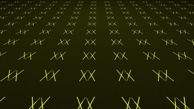 Animated bouncing vivid fading lines creating mirrored symmetrical pattern shapes on a dark gradient 3D background plane motion visual effects and moving abstract graphics colours yellow lemon