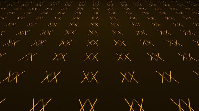 Animated bouncing vivid fading lines creating mirrored symmetrical pattern shapes on a dark gradient 3D background plane motion visual effects and moving abstract graphics colours golden orange