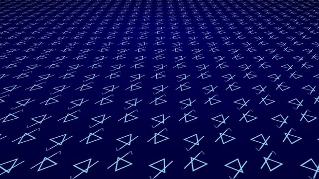 Stroked pentagonal triangles with moving lines and geometric pattern shapes positioned on 3D angled plane amid dark gradient background drifting through space dynamic visual effect graphics blue navy